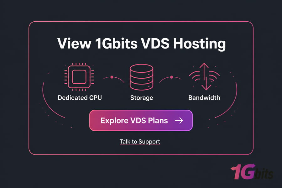 Dark branded CTA card for VDS hosting with CPU, storage, bandwidth icons