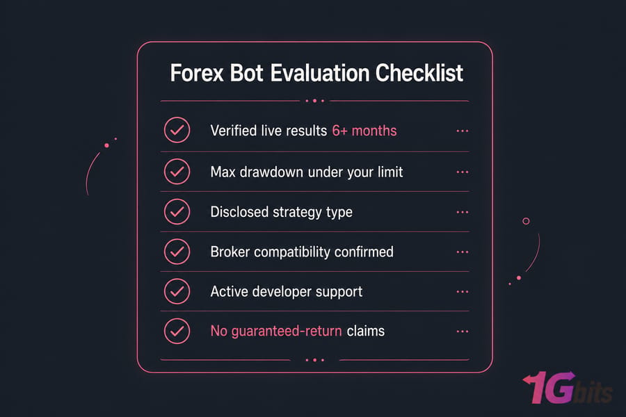 Dark editorial checklist card titled Forex Bot Evaluation Checklist with six ticked evaluation items.
