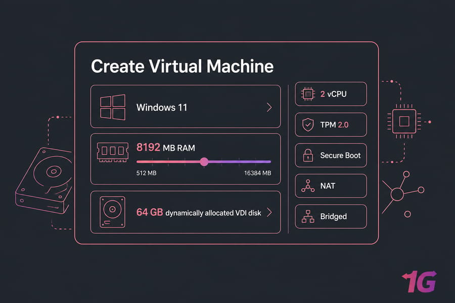 Stylised VM setup wizard showing Windows 11, 8192 MB RAM, and 64 GB VDI disk.
