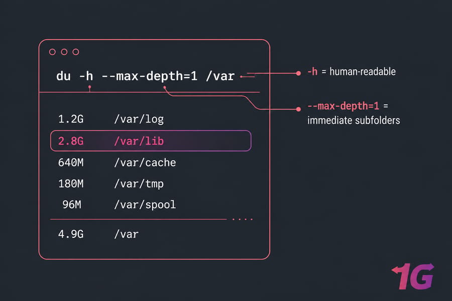 Stylised dark terminal graphic showing du -h --max-depth=1 /var output with labelled flags.