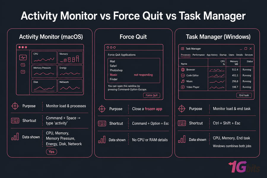 Activity Monitor vs Windows Task Manager