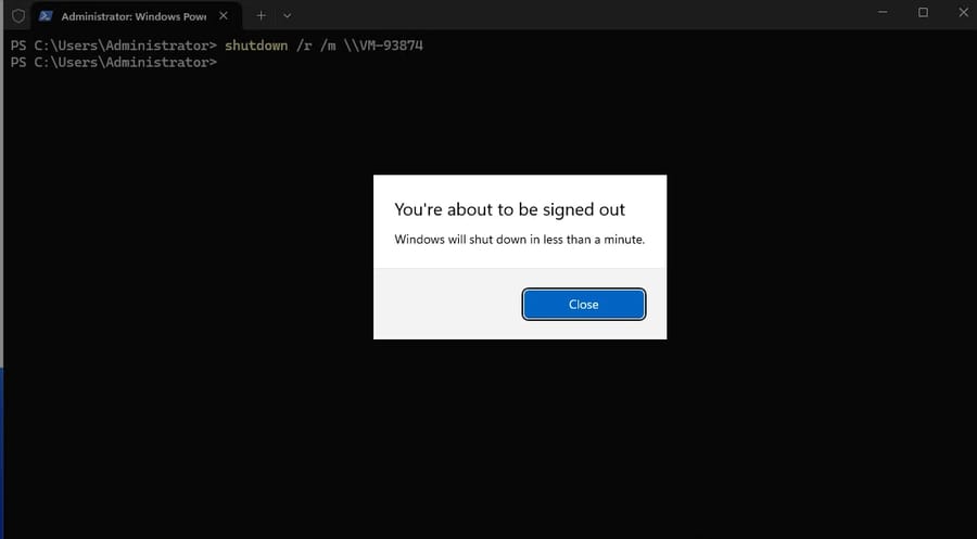 Remote restart command syntax for Windows Server remote server reboot command using shutdown r m parameter in Windows Server