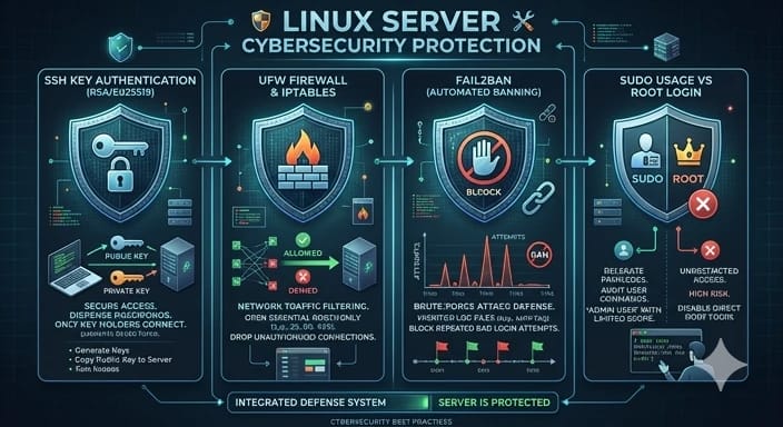 Linux server security best practices including SSH keys firewall and fail2ban