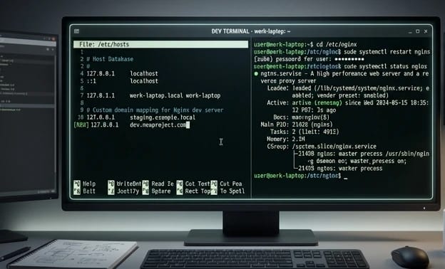 editing /etc/hosts and restarting nginx using sudo in Linux terminal