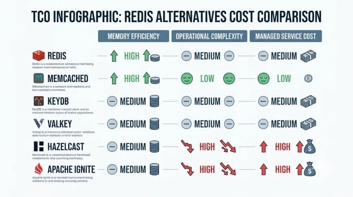 Redis alternatives cost and TCO infographic Redis alternatives TCO infographic comparing memory efficiency, operational complexity, and managed service costs