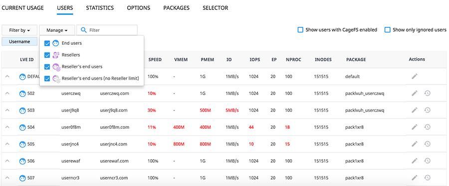 Cloudlinux LVE Manager Interface