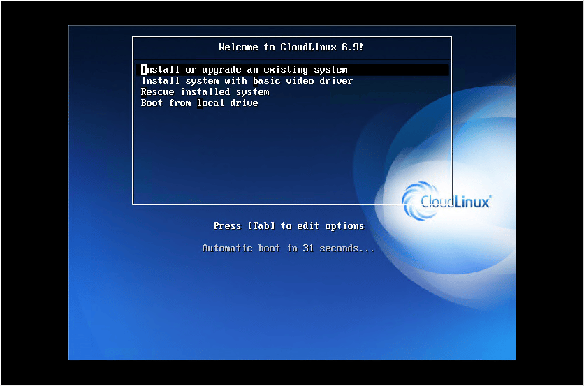 CloudLinux Installation Step 1: Boot from Media