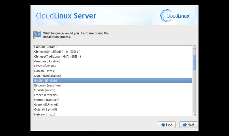 CloudLinux Installation Step 5: Language Selection