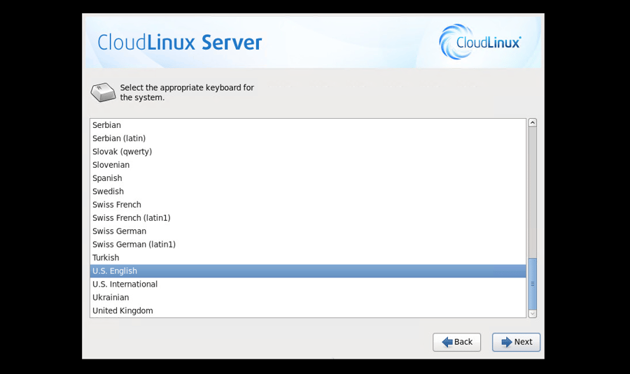 CloudLinux Installation Step 6: Keyboard Layout
