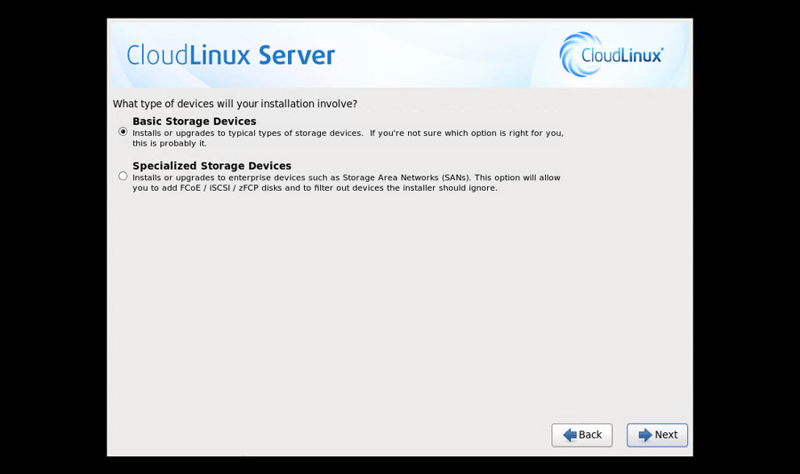CloudLinux Installation Step 7: Storage Device Selection