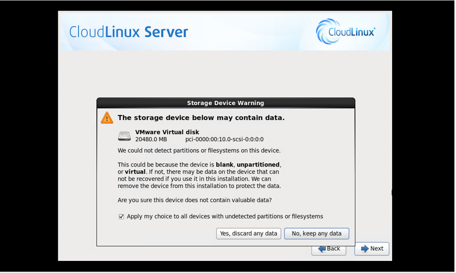 CloudLinux Installation Step 8: Discard Data Confirmation