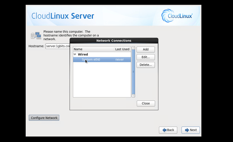 CloudLinux Installation Step 10: Configure Network Interface
