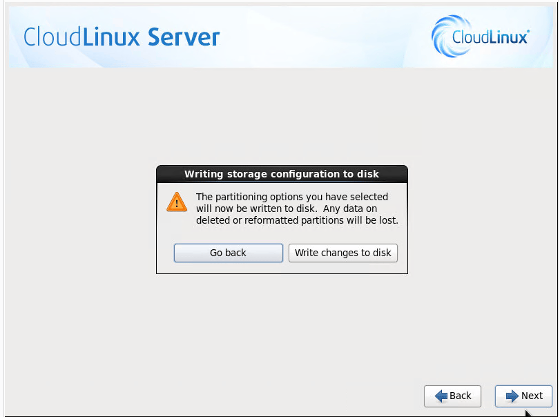CloudLinux Installation Step 16: Write Changes to Disk