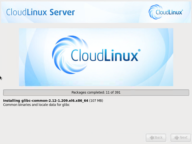 CloudLinux Installation Step 18: Installation Progress